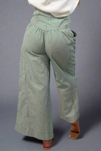 Button Down Stripe Wide Leg Pants - Green