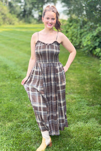 Plaid Smocked Maxi Dress - Brown
