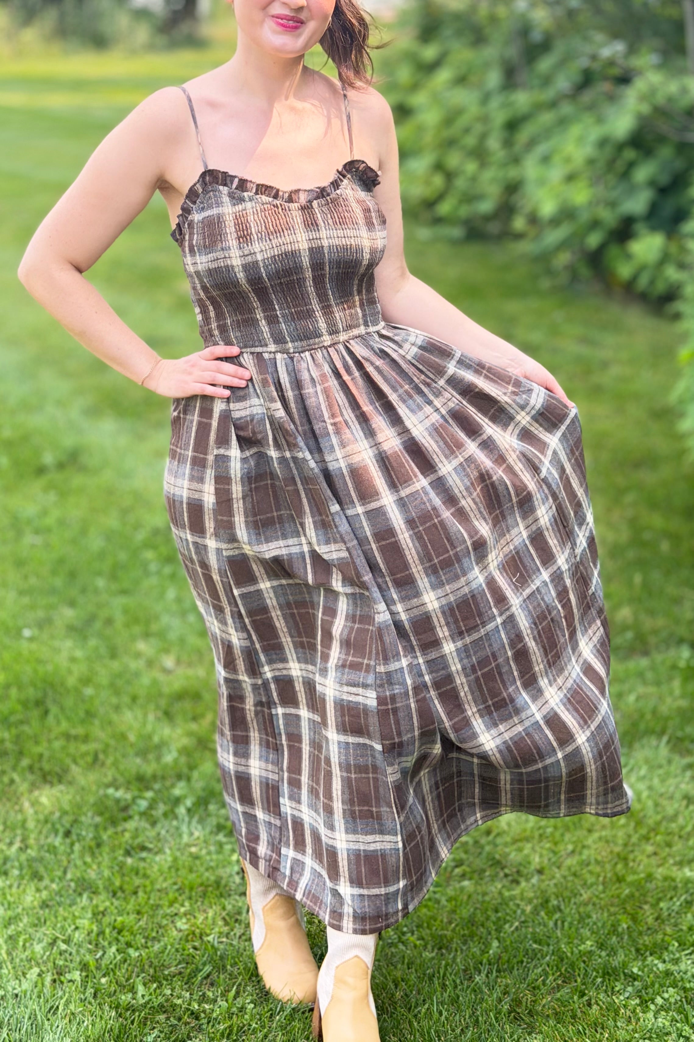 Plaid Smocked Maxi Dress - Brown