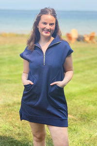 Textured Quarter Zipper Dress - Navy