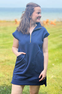 Textured Quarter Zipper Dress - Navy
