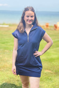 Textured Quarter Zipper Dress - Navy