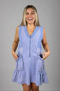 Mineral Washed Zipper Front Dress - Orchid Blue