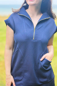 Textured Quarter Zipper Dress - Navy