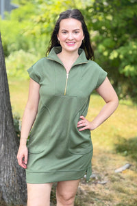 Textured Quarter Zipper Dress - Olive