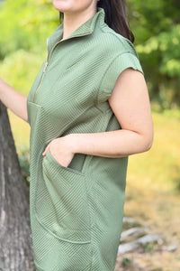 Textured Quarter Zipper Dress - Olive