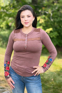Acid Washed Henley Top - Camel
