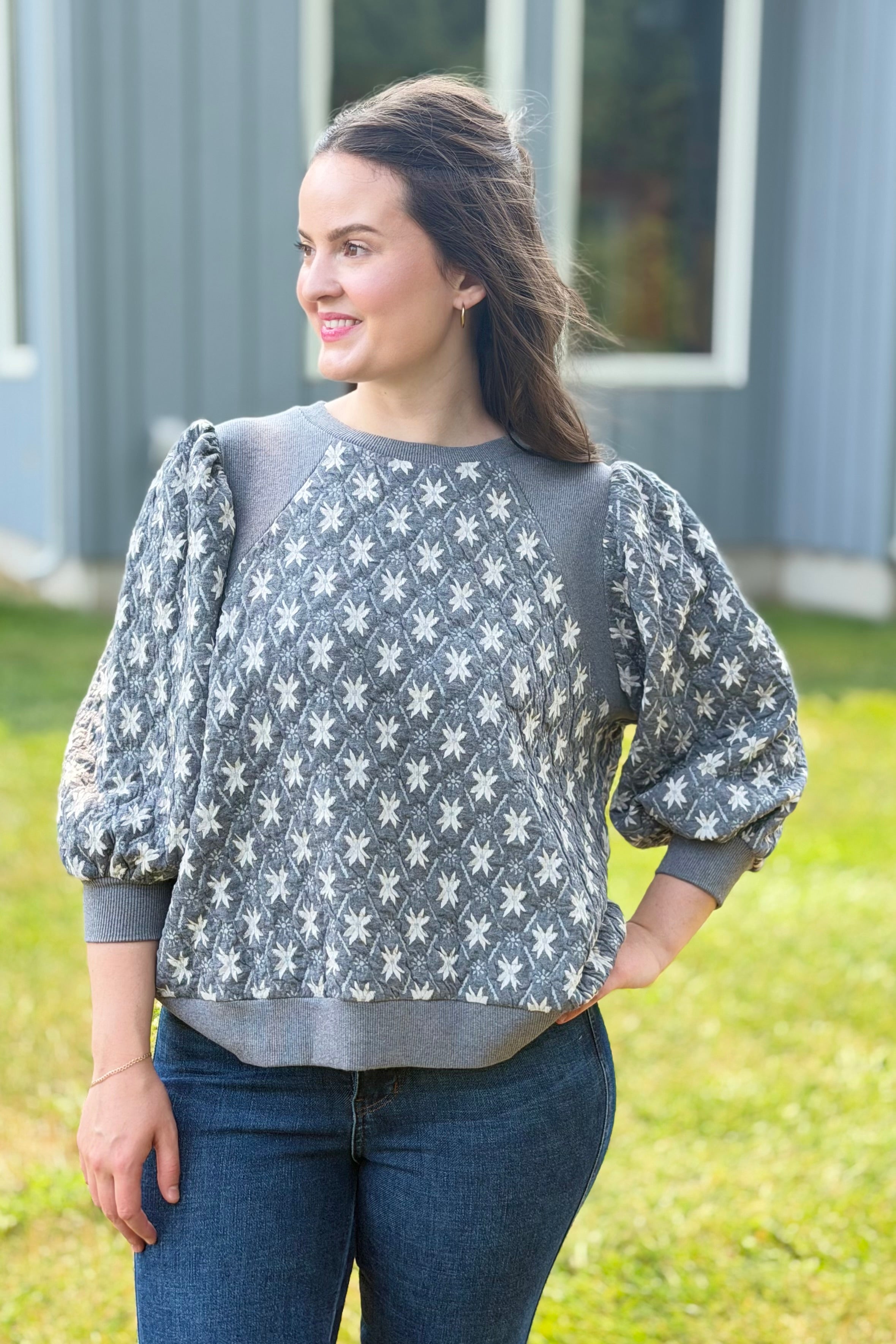 Floral Quilted Sweatshirt - Charcoal