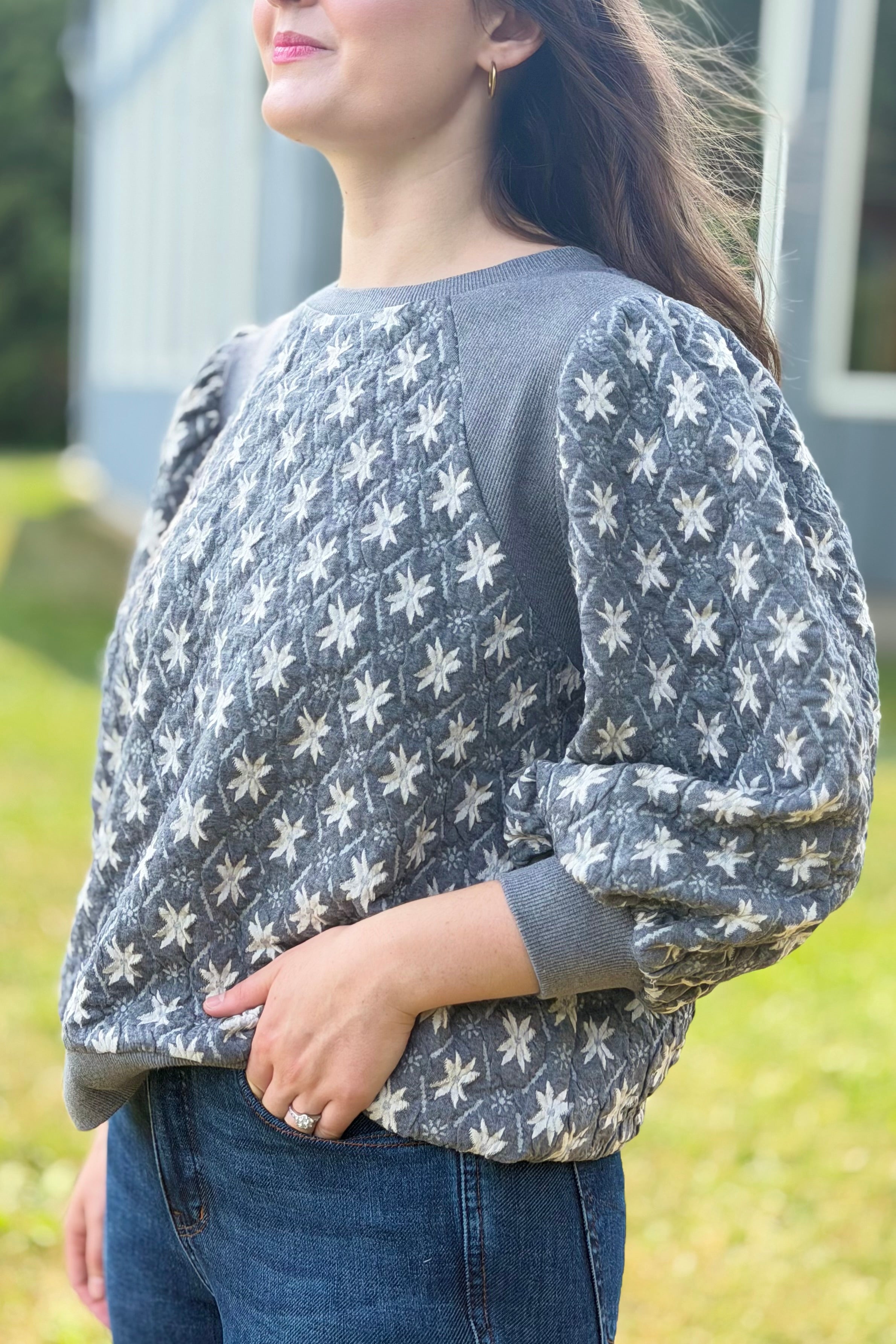 Floral Quilted Sweatshirt - Charcoal