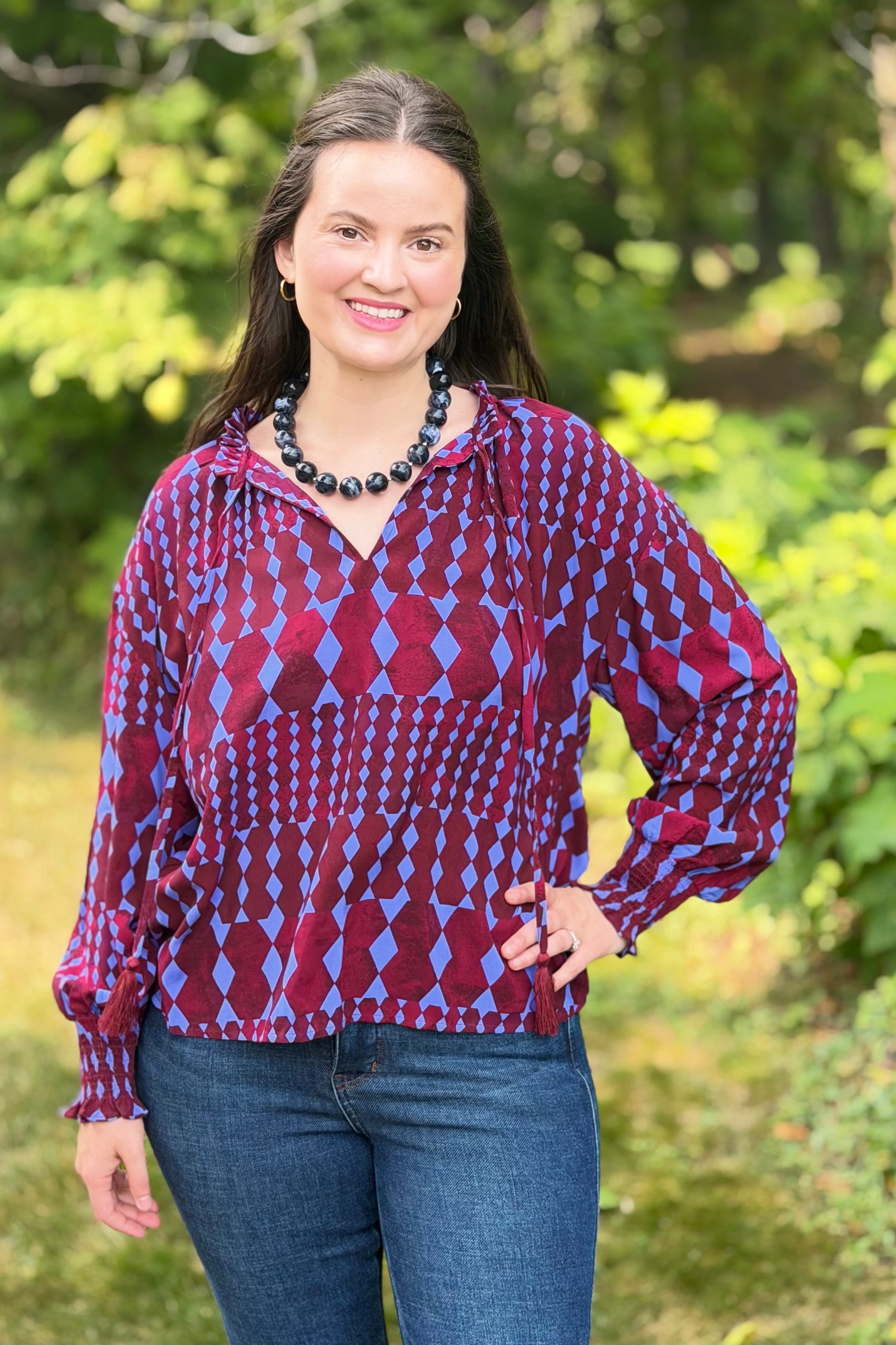 Ramsay Abstract Split Neck Tassel Blouse