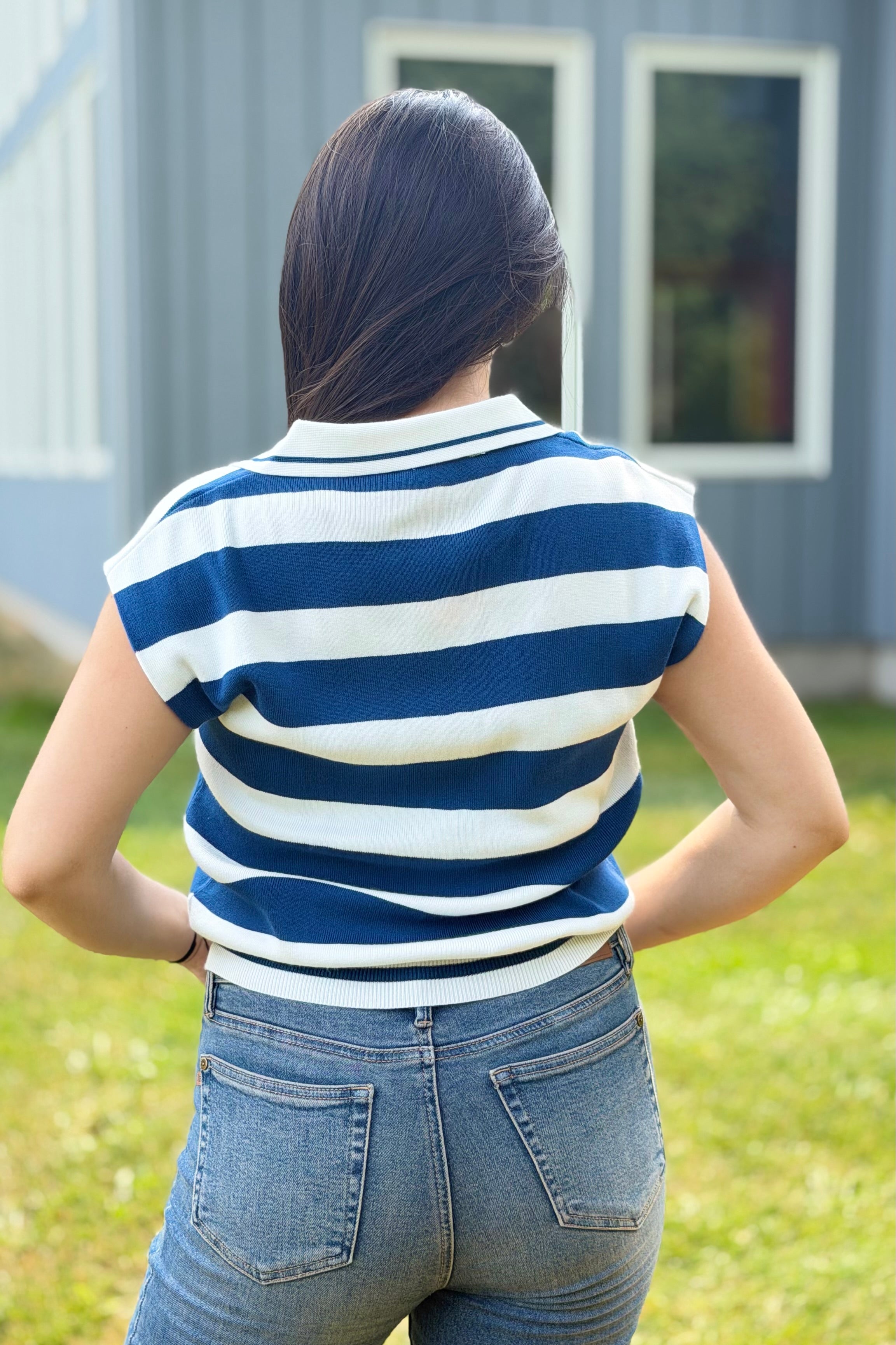 Striped Collared Sweater Vest - Navy