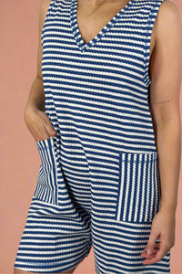 Striped Casual Romper -  Blue Denim