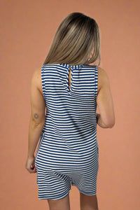 Striped Casual Romper -  Blue Denim
