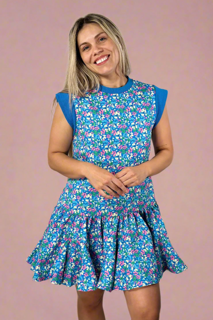 Sleeveless Contrast Neck Dress - Blue