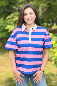 Stripe Button Down Bubble Sleeve Top