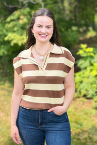 Striped Collared Sweater Vest - Mocha