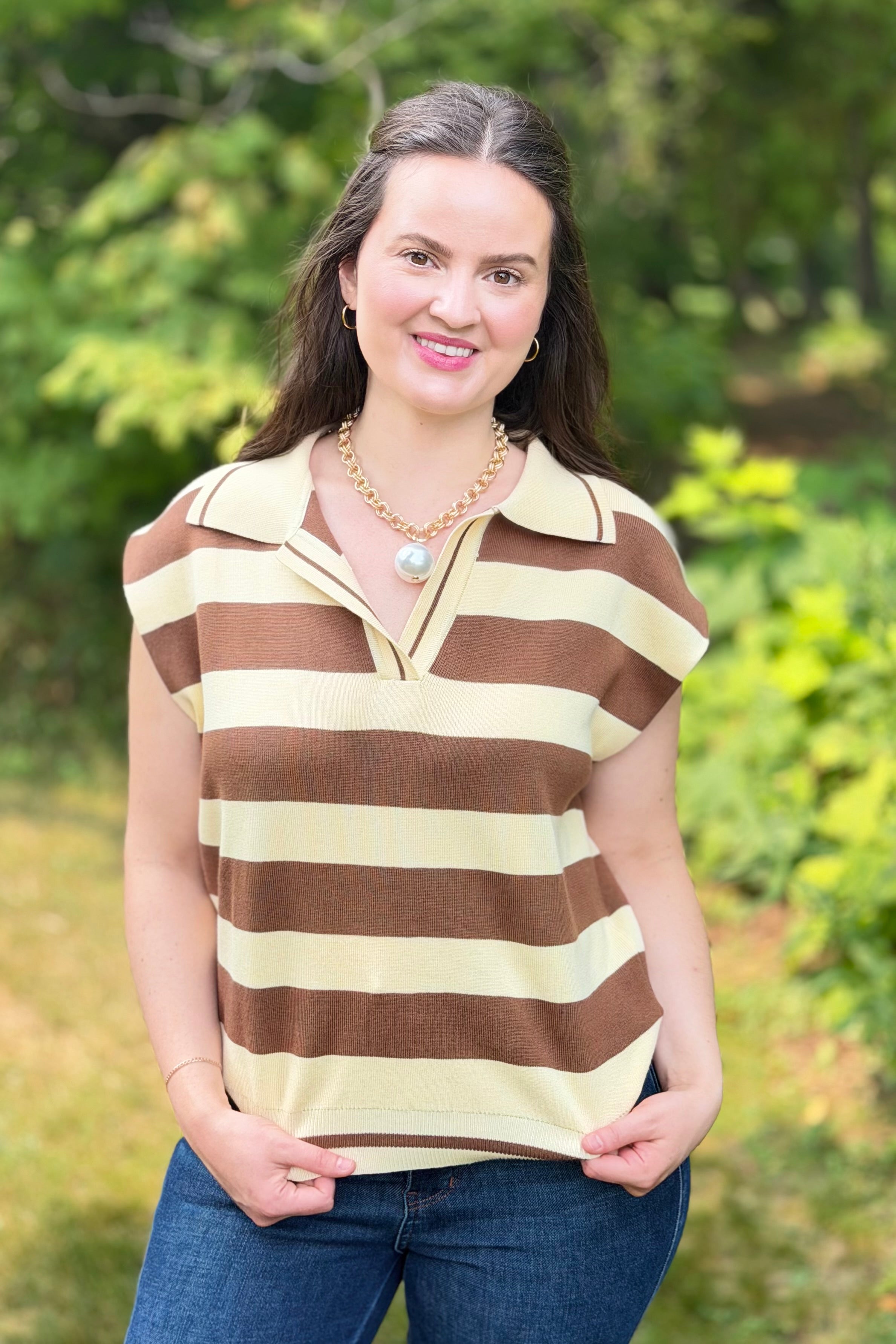 Striped Collared Sweater Vest - Mocha