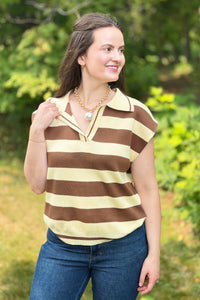 Striped Collared Sweater Vest - Mocha