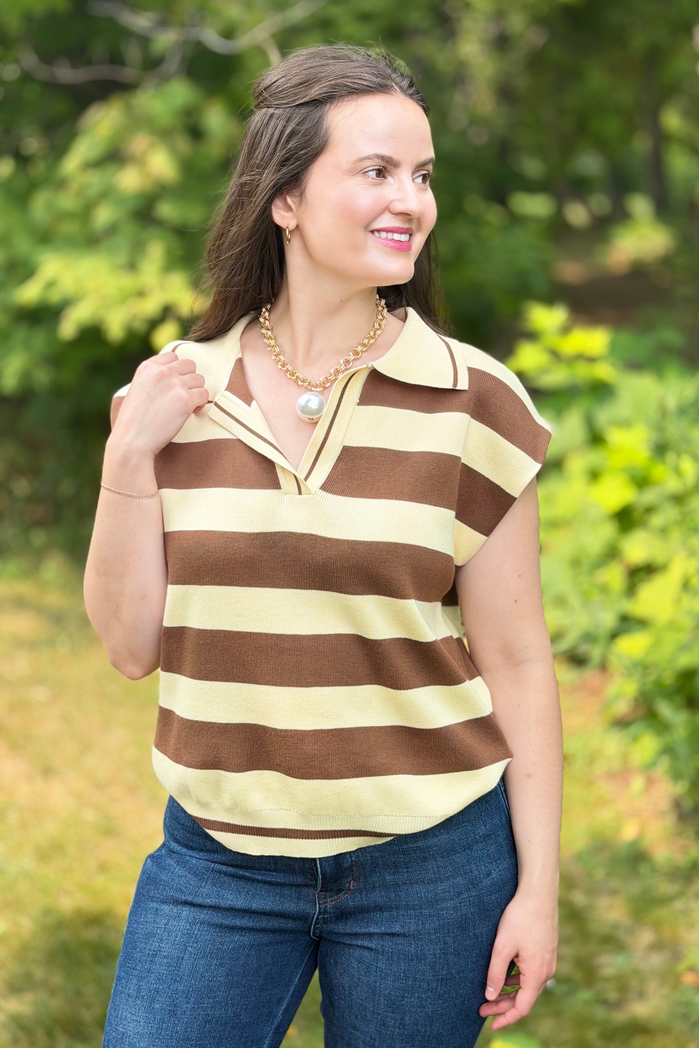 Striped Collared Sweater Vest - Mocha