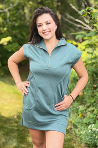 Textured Quarter Zipper Dress - Jade