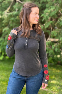 Acid Washed Henley Top - Black