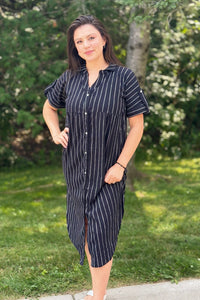 Striped Linen Shirt Dress - Black