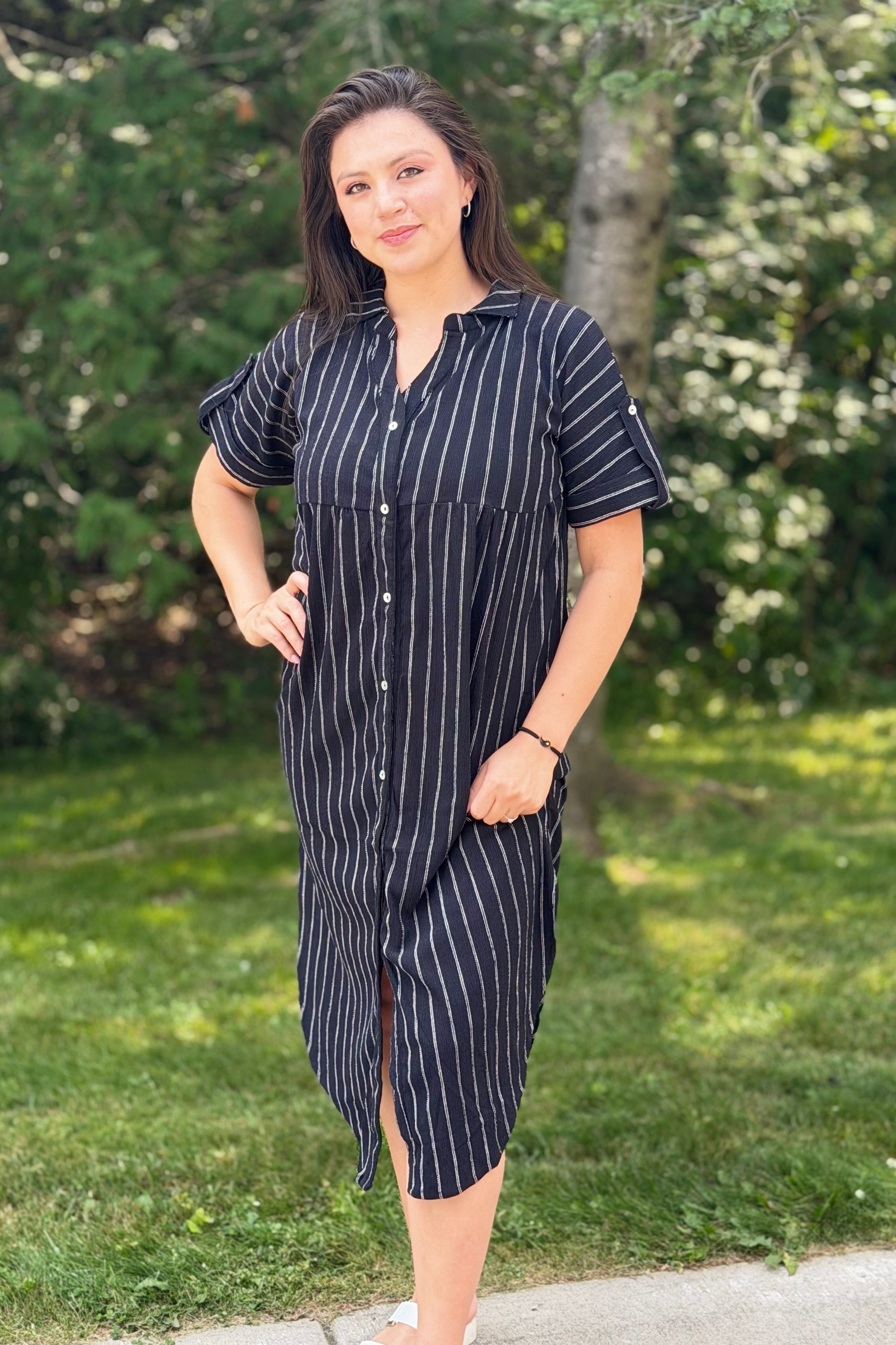 Striped Linen Shirt Dress - Black