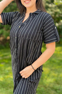 Striped Linen Shirt Dress - Black