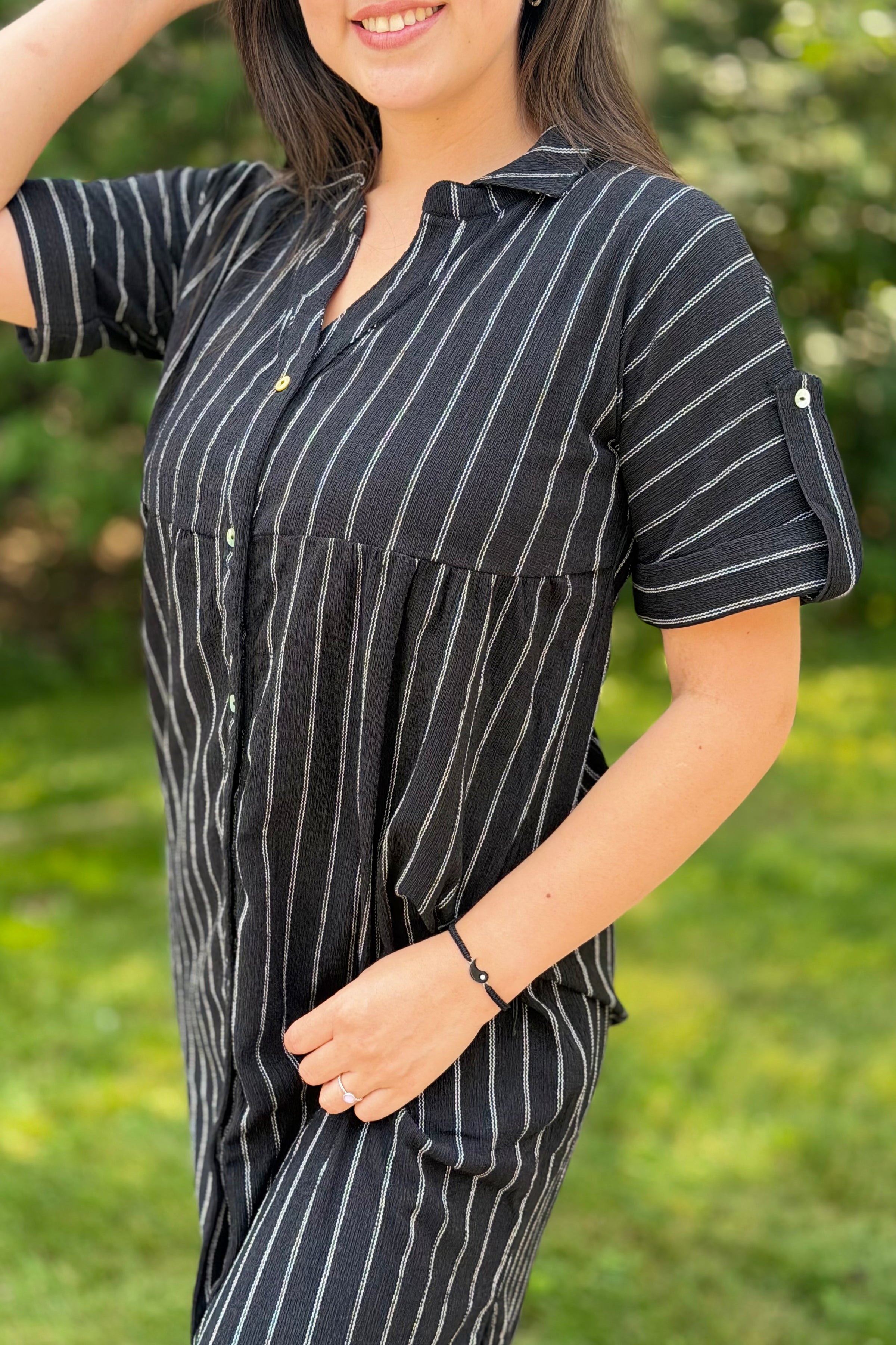 Striped Linen Shirt Dress - Black