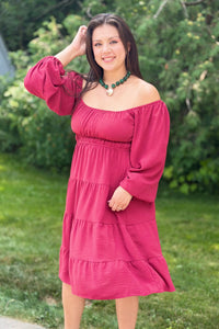 Long Sleeve Tiered Dress - Red Brick