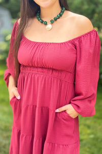 Long Sleeve Tiered Dress - Red Brick