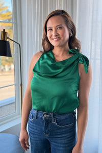 Satin Tie Shoulder Top - Hunter Green