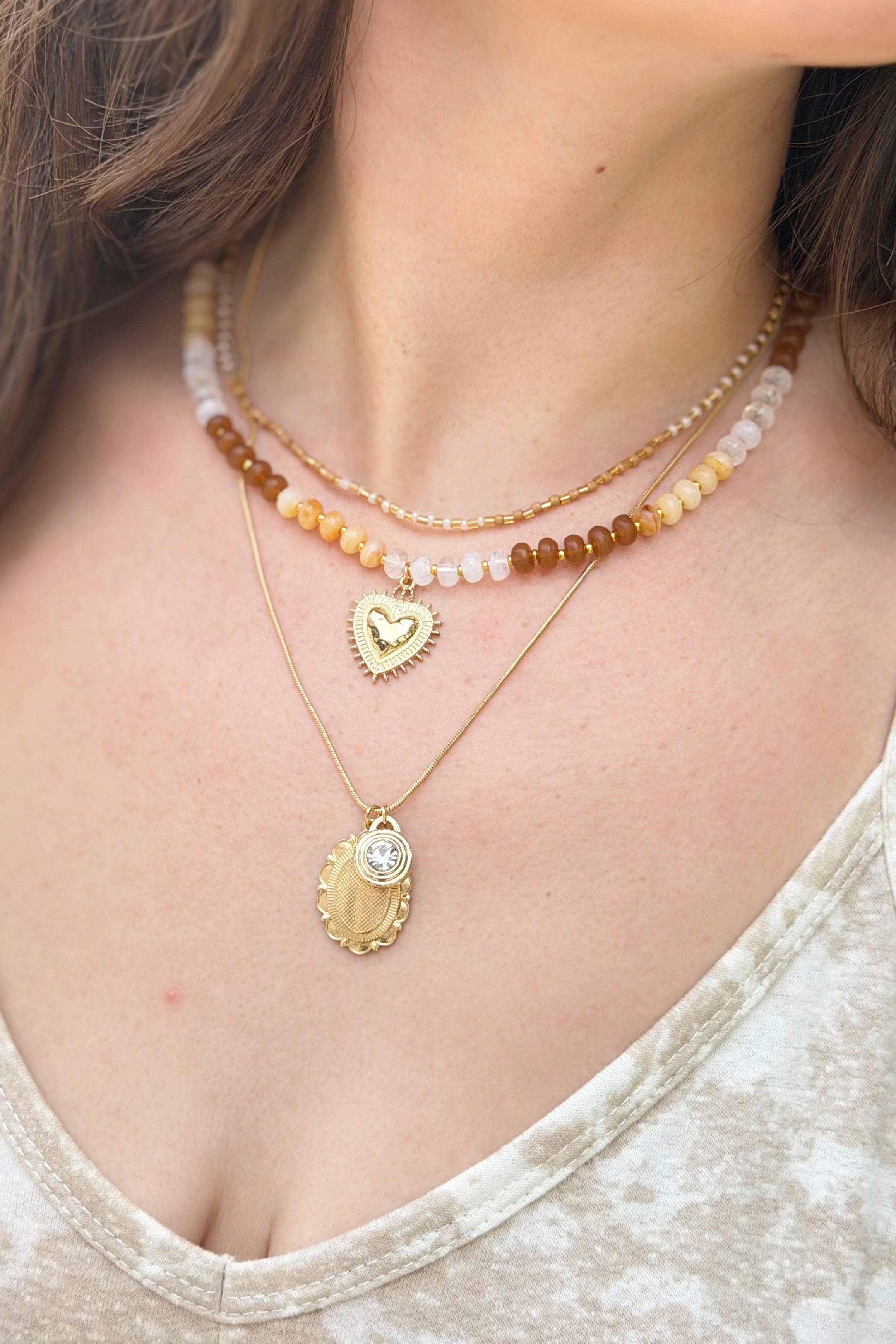Layered Heart & Charm Necklace - Natural
