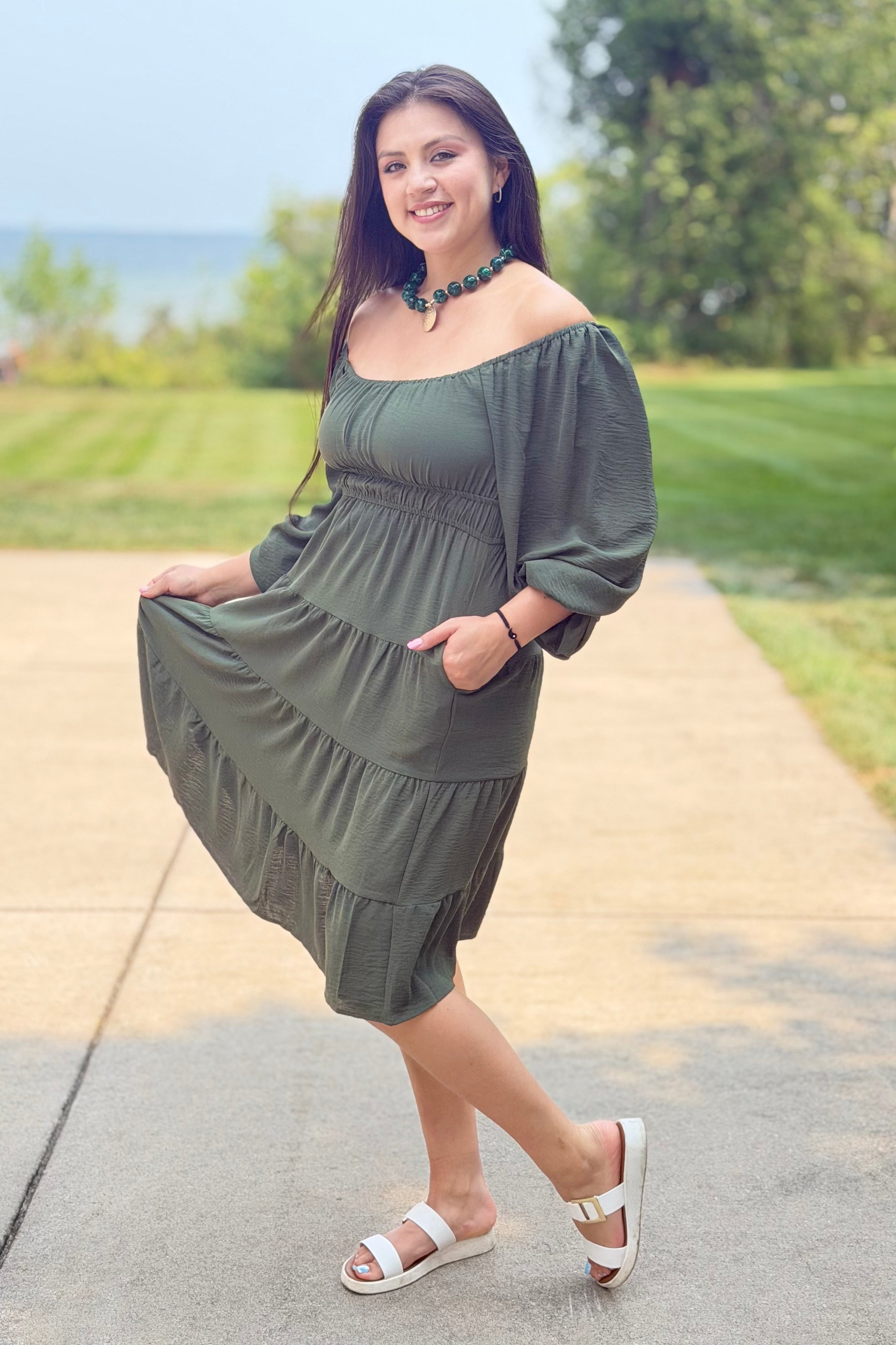 Long Sleeve Tiered Dress - Olive