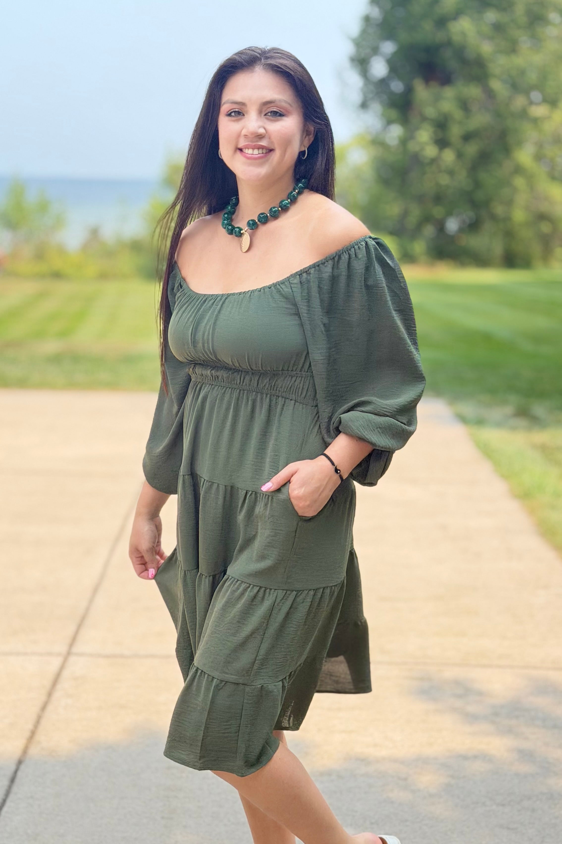 Long Sleeve Tiered Dress - Olive