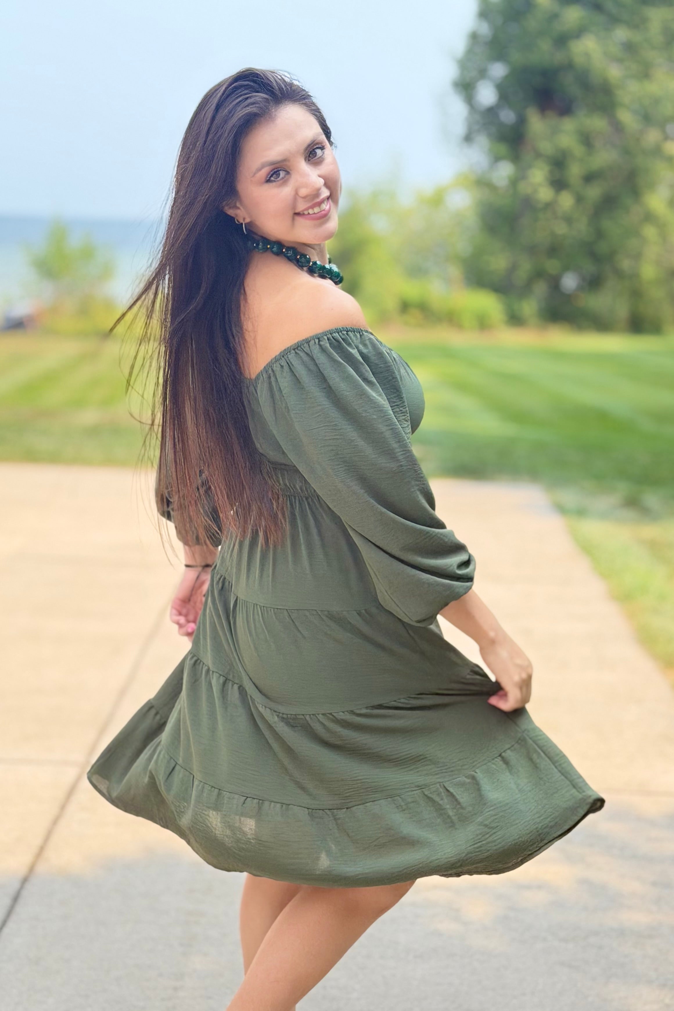 Long Sleeve Tiered Dress - Olive