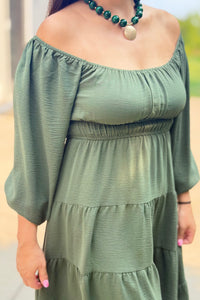 Long Sleeve Tiered Dress - Olive