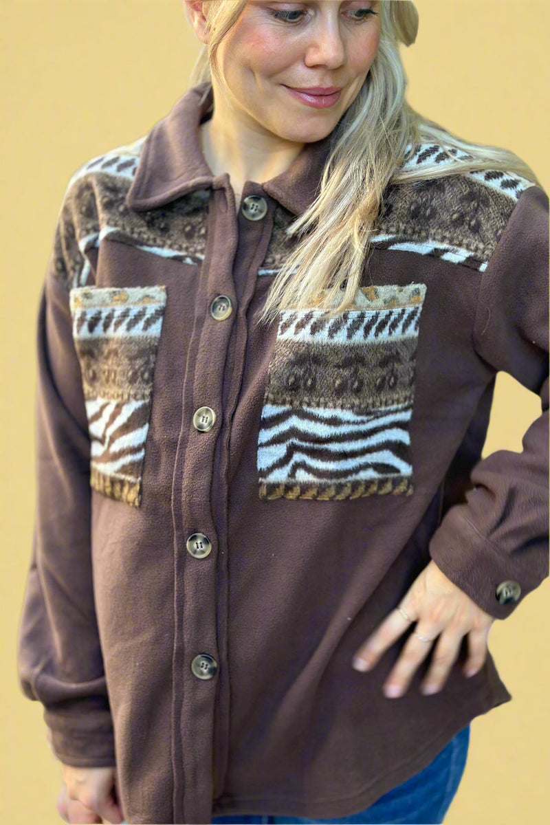 Fleece Button Up Mix Print Brown