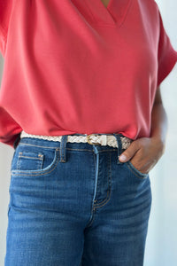 Faux Leather Skinny Braided Belt - White