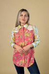 Crochet Detail Vibrant Floral Print Top Pink