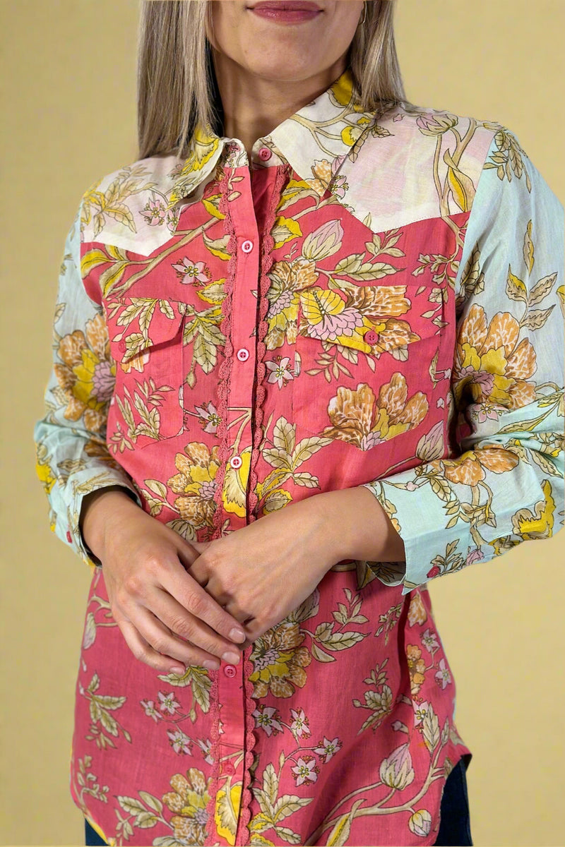 Crochet Detail Vibrant Floral Print Top Pink