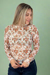 Long Sleeve Mesh Floral Top - White