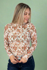 Long Sleeve Mesh Floral Top - White
