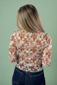 Long Sleeve Mesh Floral Top - White
