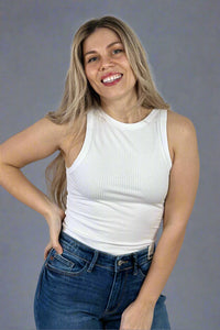 A fitted, ribbed tank with a high neckline in white.