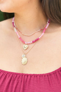 Layered Heart & Charm Necklace - Pink