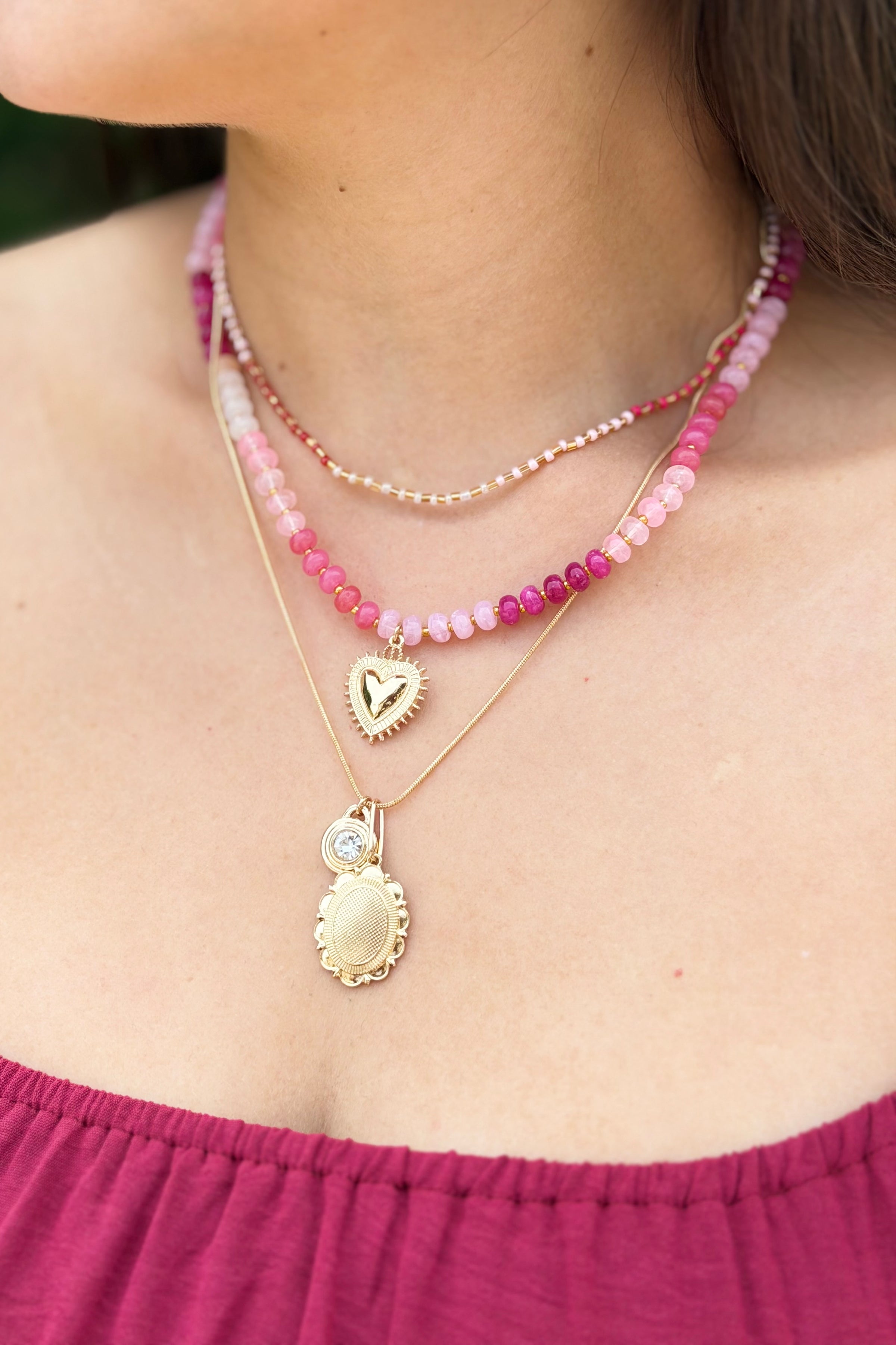 Layered Heart & Charm Necklace - Pink