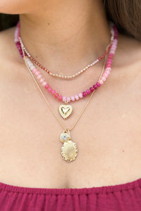 Layered Heart & Charm Necklace - Pink