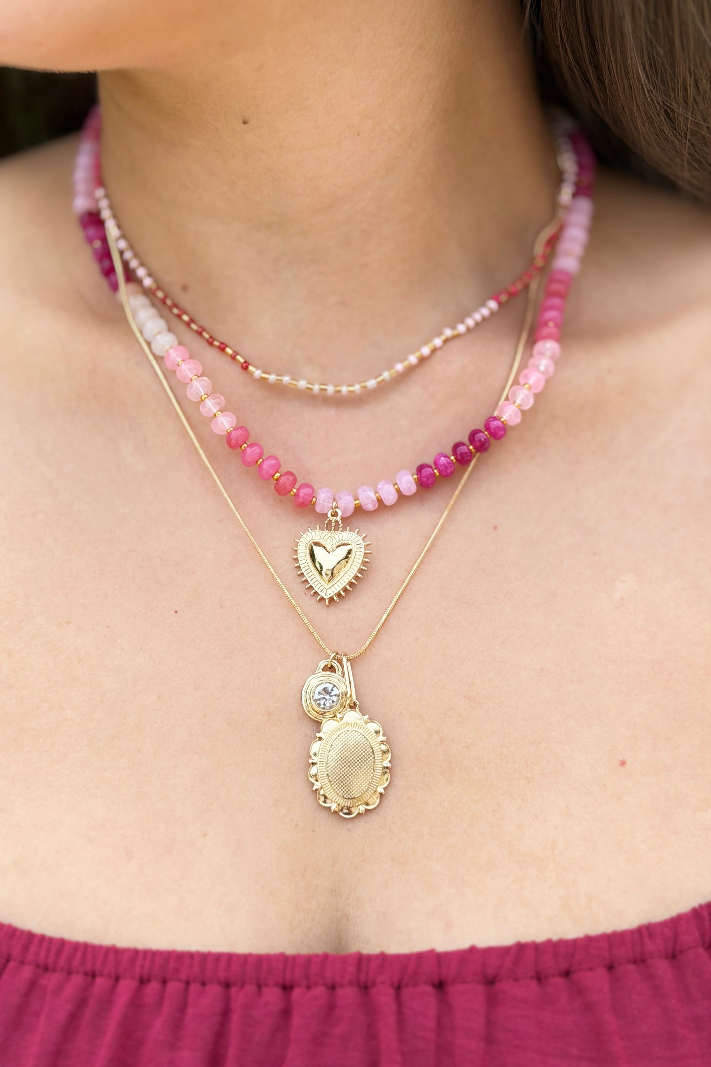 Layered Heart & Charm Necklace - Pink