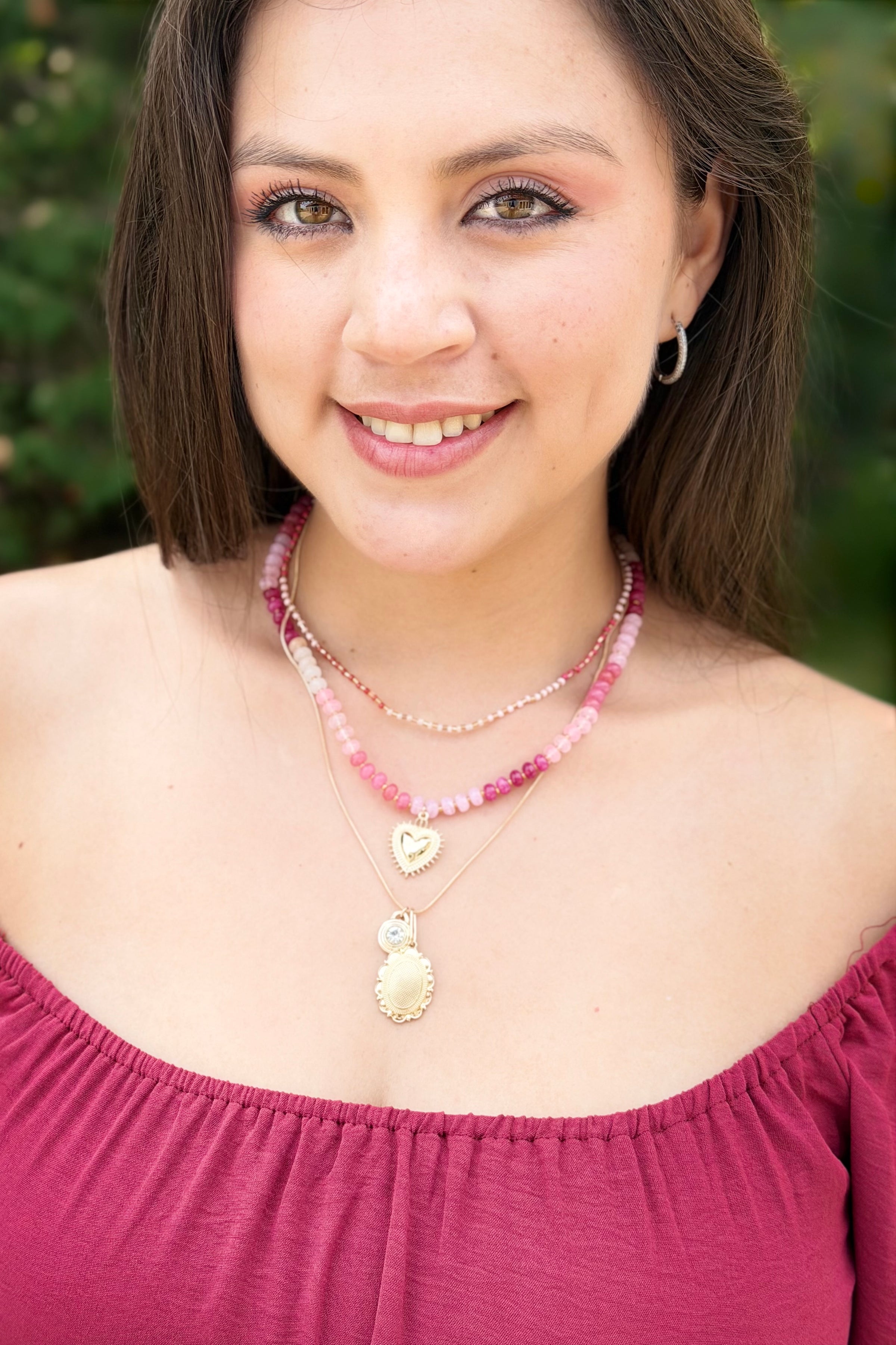 Layered Heart & Charm Necklace - Pink